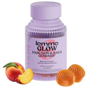 Lemme Glow Collagen Gummies for Thick Hair, Strong Nails & Healthy Skin with Multi-Collagen Peptides, Biotin, Trace Minerals, Zinc, Vitamins A, C & E, Dairy & Gluten Free, Peach Flavor, 60 Count